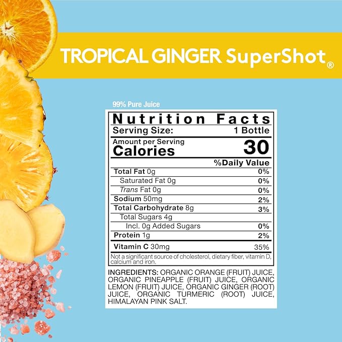 Sol-ti Organic Tropical Ginger SuperShot Drink, Aids in Collagen Production and Promotes Skin Elasticity, SuperFood, Cold-Pressed Fruit Juice Blend, 12 Pack (2.1 Fl oz)