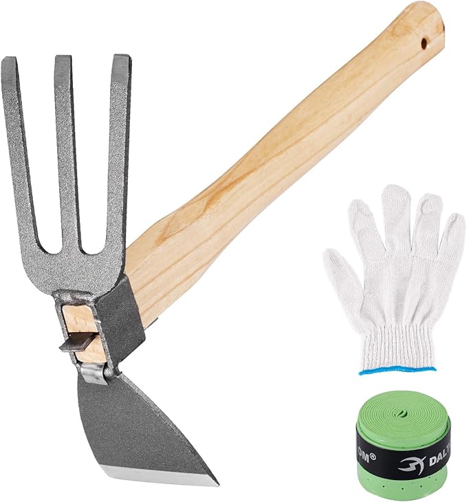 Hoe and Cultivator Garden Rake.1Pcs Hoe and Cultivator Hand Tiller, 1 Pair Gloves,1 Anti-Slip Sweat-Absorbing and Wear Hand Gel. for Digging, Loosening Soil, Weeding, Cultivating