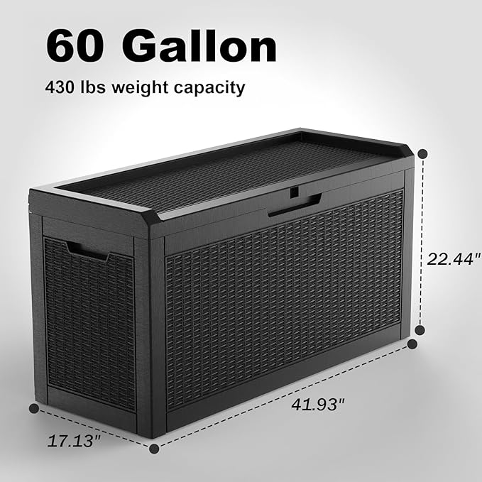Vixzen 60 Gallon Outdoor Deck Box,Lockable Resin Waterproof Storage Box,UV Resistant,Weather Resistance,Outside Storage Bin for Gardening Tools,Pool Supplies（Black，60 Gallon）