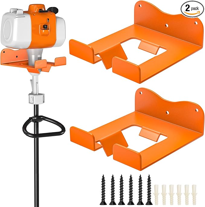 Weed Eater Hanger Garage Organizer Trimmer Rack, Garden Power Tool Hanger Weed Whackers Holder, Hedge Trimmer Wall Mounted for Grass Trimmer Hedge Trimmer Leaf Blower Chainsaw (Orange-2Pcs)