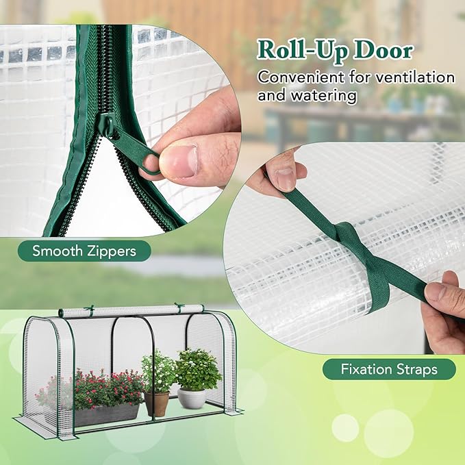 Raised Garden Bed with Greenhouse, Waterproof Sun-Protective Green House with Roll-Up Door & Electroplated Metal Frame, Pine Wood Elevated Planter Box with Drainage Holes(White+Natural)