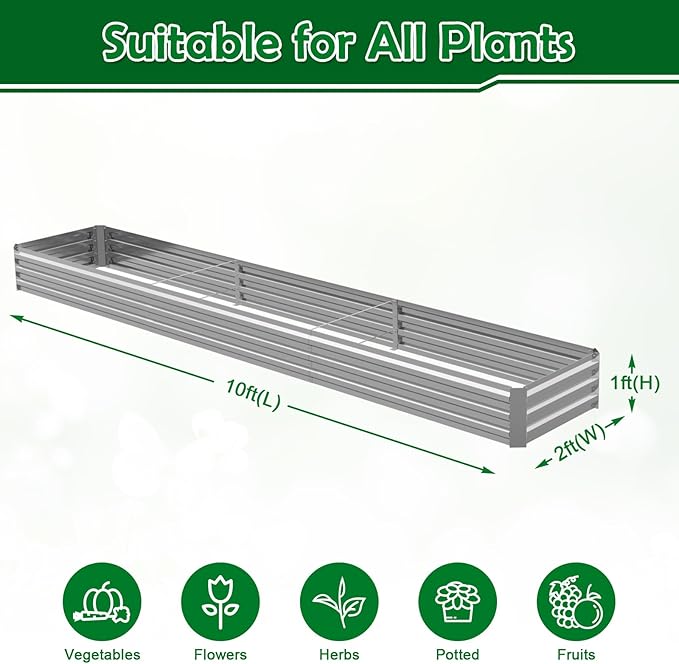10x2x1FT Galvanized Raised Garden Bed Outdoor Patio, Large Rectangular Metal Planter Boxes,Plant Container Kit for Gardening, Vegetables, Flowers, Herbs,Silver,1 Pack