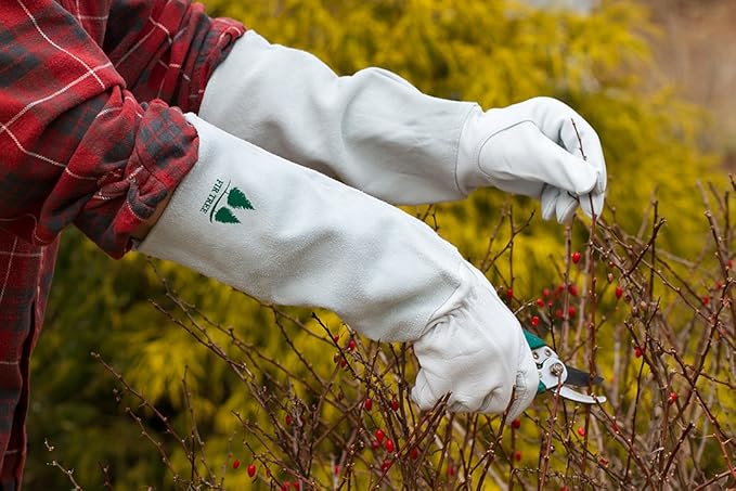 Leather Gardening Gloves by Fir Tree. Premium Goatskin Gloves With Cowhide Suede Gauntlet Sleeves. Perfect Rose Garden Gloves. XL - Men's and Women's Sizes. (See Size Chart Photo)