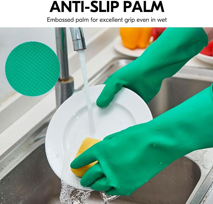 Vgo... 1-Pair Reusable Household Gloves, Rubber Dishwashing gloves, Extra Thickness, Long Sleeves, Kitchen Cleaning, Working, Painting, Gardening, Pet Care (Size S, Green, HH4601)