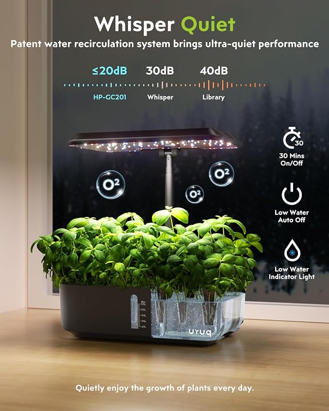 Indoor Hydroponics Growing System Kit 12 Pods Gardening System Herb Garden Custom Time with LED Grow Light Height Adjustable Quiet Plants Germination Kit - Gardening Gifts for Women Men Black