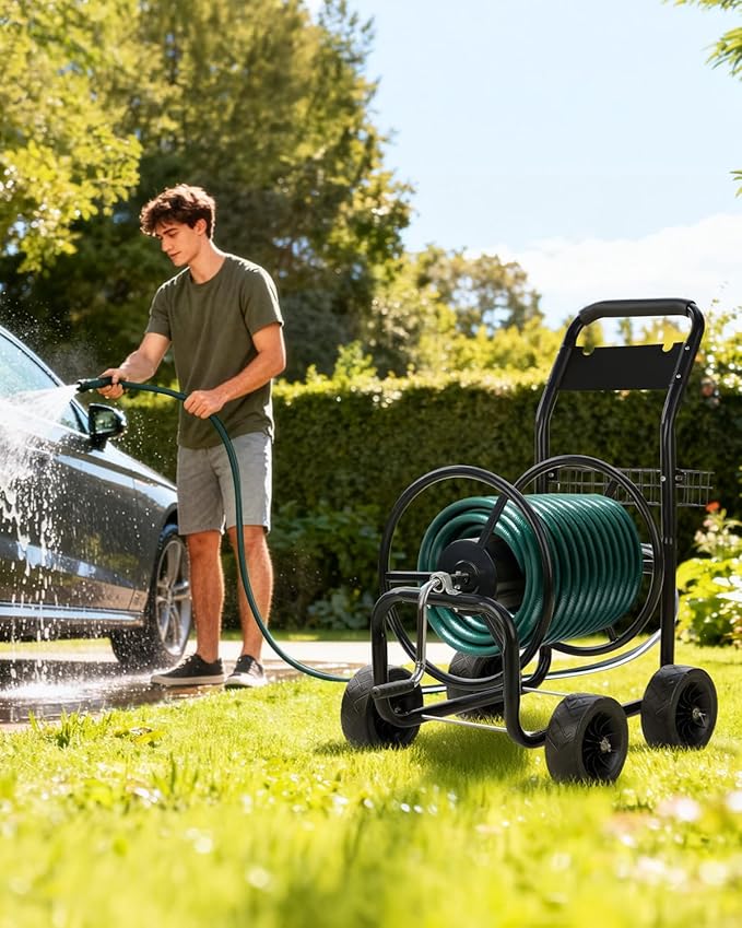 Outvita Garden Hose Reel Cart, Lawn Water Planting Cart with Wheels, Heavy Duty Outdoor Yard Water Planting Truck Holds 300-Feet of 5/8-Inch Hose with Storage Basket for Patio Farm(Black)