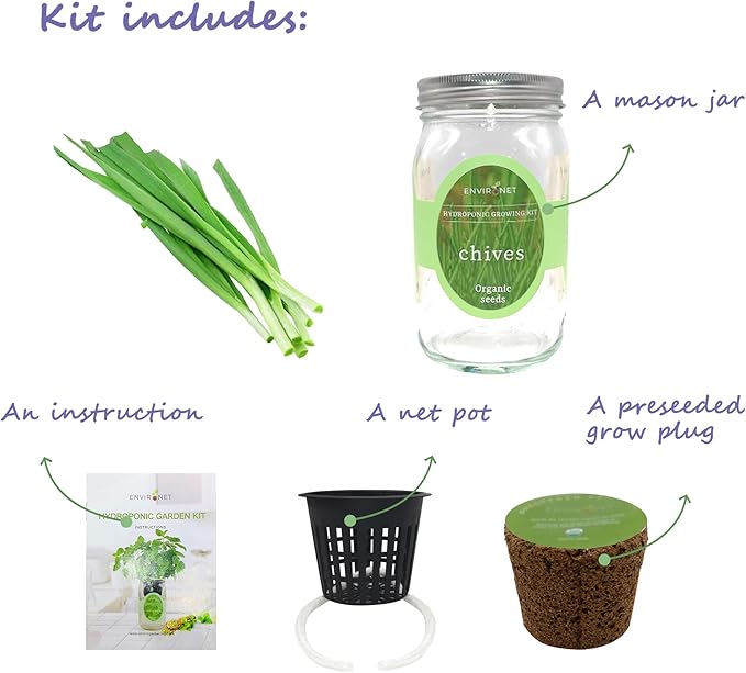 Hydroponic Herb Growing Kit, Self-Watering Mason Jar Herb Garden Starter Kit Indoor, Grow Your Own Herbs from Organic Seeds (Chives)