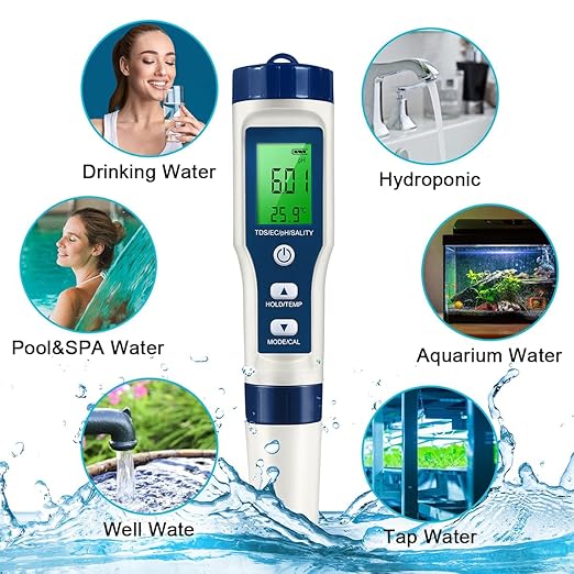 5 in 1 LFS TDS Meter PH Tester, 0.01 High Accuracy Digital PH Meter for Water, PH/TDS/EC/Salt/Temp Tester, PPM Meter Water Tester for Drinking Water, Hydroponics, Plants, Aquarium and Pool