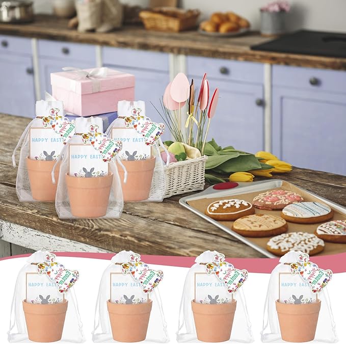 Ctosree 24 Sets Happy Easter Party Favors for Guests Easter Bunny Seed Packets Kit Including Self Adhesive Seed Packets Mini Flowerpots Bunny Tags Organza Bags for Basket Stuffers Gifts