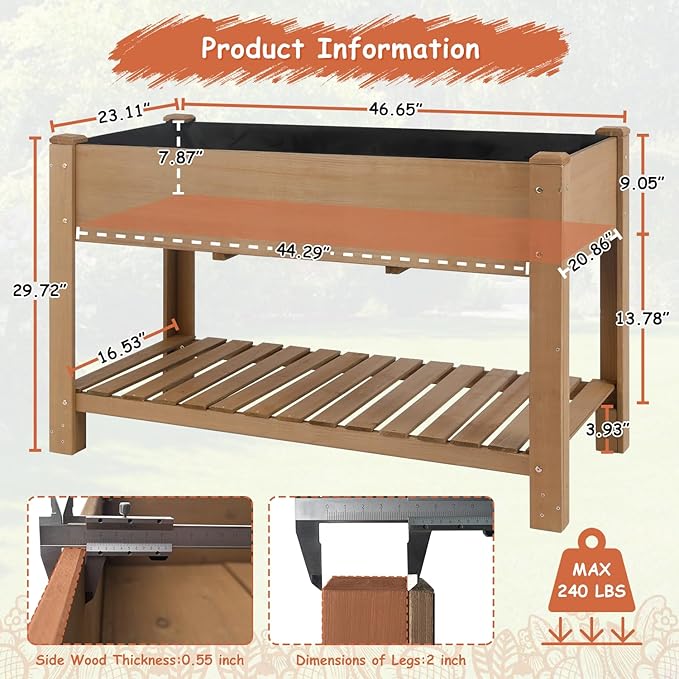 PetsCosset Raised Garden Bed Wooden Elevated Planter Box with Legs, Protective Liner Reinforced for Vegetables Herbs Flowers for Outdoor Patio Backyard Balcony Gardening (46.65“ L with Shelf)