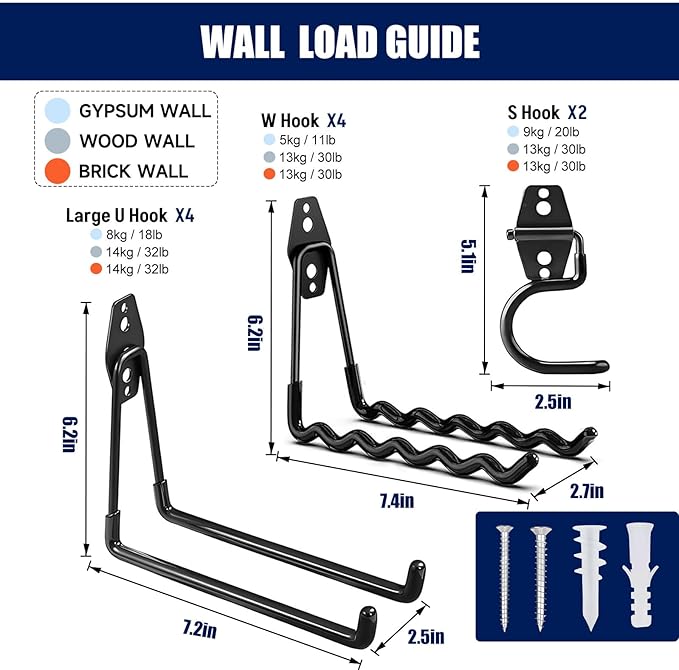 12 Pack Garage Hooks Heavy Duty, Iron Garage Storage Hooks with Anti-Slip Coating, Utility Wall Mount Hangers for Garden and Power Tools, Ladders, Bikes, Hoses and Bulky Items