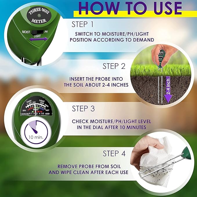 2023 Upgraded Soil pH Meter 3-in-1 Soil Tester Moisture, Light, pH, Meter Tool for Garden, Farm, Plant, Lawn Care, Water Soil, Soil Hygrometer Sensor for Gardening, Test Kit for Garden