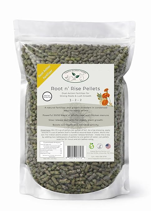 Root n' Rise Fertilizer and Soil Conditioner Pellets, 3-2-2 NPK,4lbs Dual-Action Chicken Manure and Alfalfa Meal Blend.