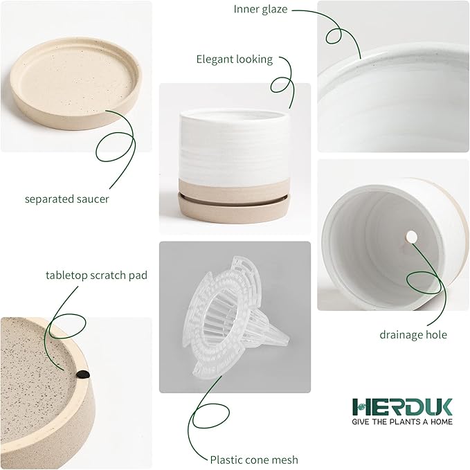 HERDUK 8 Inch Pots for Plants, Ceramic Planter Pot with Drainage Hole & Saucer, Indoor or Outdoor Cylinder Round Planter Pot, Matte White & Beige
