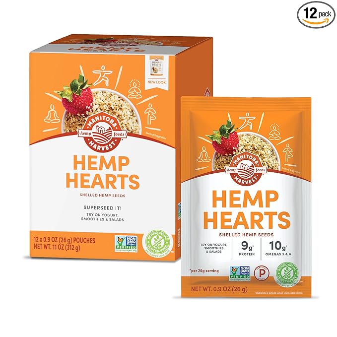 Manitoba Harvest Hemp Hearts, Shelled Hemp Seeds - 0.9oz, Pack of 12-10g Plant Protein & 12g Omega 3 & 6 per 30g serving - Easy to Digest with 9 Amino Acids - Gluten Free, Non-GMO Project Verified