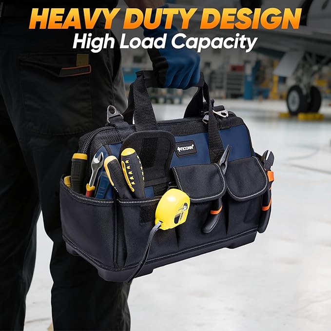 TICONN Heavy Duty Tool Bag with Multi-Pockets, Portable Tool Box Organizer Storage Bag, with Adjustable Shoulder Strap and Ergonomic Handle (Blue, 16" Molded Base)