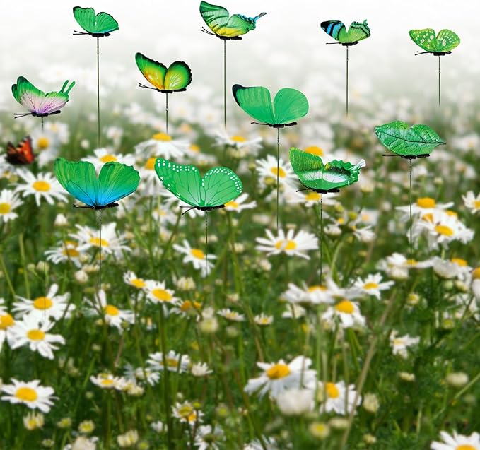 12pcs Decorative Butterfly Plant Stakes, 9.8in Lifelike Butterfly Garden Stakes PVC Waterproof Flower Pot Decorations for Garden Lawn Patio Indoor Outdoor Yard Planter Art Decor (Green)