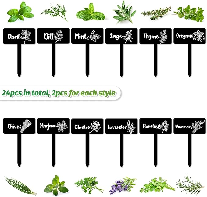 JarThenaAMCS 24Pcs Acrylic Plant Label Signs 12 Styles Garden Herb Markers Black Waterproof Reusable T-Type Tags Plant Stake Tags with Names for Nursery Indoor Outdoor Garden Decor