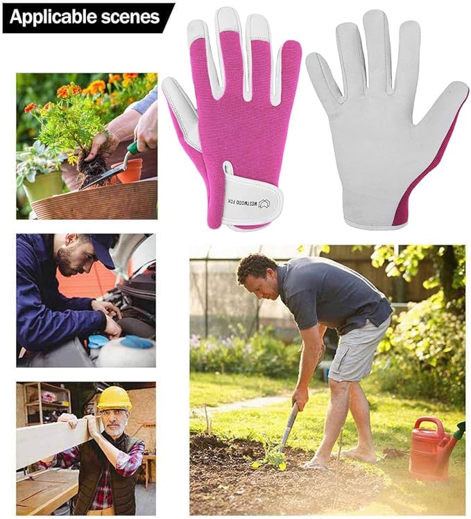WESTWOOD FOX Work Gloves Men Heavy Duty Leather Gardening Gloves for Thorn Resistant Padded Palm Utility Working