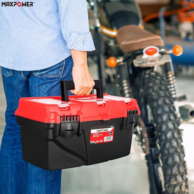 MAXPOWER Tool Box 15-Inch, Plastic Tool Boxes with Removable Tray & Dual Lock Secured For Home