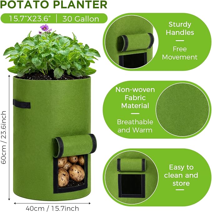 2 Pack 30 Gallon Potato Grow Bags with Harvest Window, Durable Garden Planter Bags with Handles for Potatoes, Tomatoes, and Vegetables - Indoor & Outdoor Gardening Supplies (Black,Green)