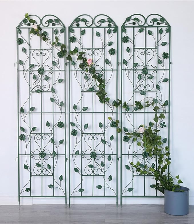 3 Pack Large Garden Trellis for Climbing Plants - 70.8 Inch Tall - Beautiful Retro Style Metal Fence Trellis - Gardening Vines Plant Support for Flower Rose Climbing(Color:B-Dark Green)