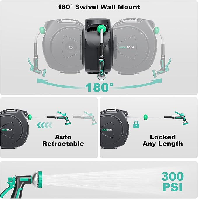 Retractable Garden Hose Reel, 65FT +6FT 5/8" Durable Wall Mounted Water Hose Reel with 180° Swivel Bracket, 9 Pattern Sprayer, 6Ft leader hose,Smooth Automatic Rewind, Any Length Lock.