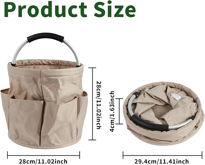 Gardening Storage Tote with Handle and 6 Pockets, Folding Garden Tool Basket, Storage Bag for Outdoor Picnic Organizer, 17L Cleaning Organizer, Bathroom Organizer, Garden Tool Kit Holder (Khaki)