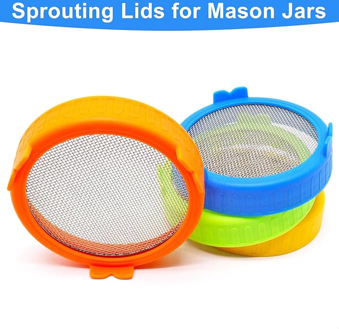 4Pcak Sprouting Lids for Mason Jars, 86mm Wide Mouth Canning Jar Stainless Steel Mesh Screen Strainer Lid for Bean Sprouts Grow Kit - 4 colors