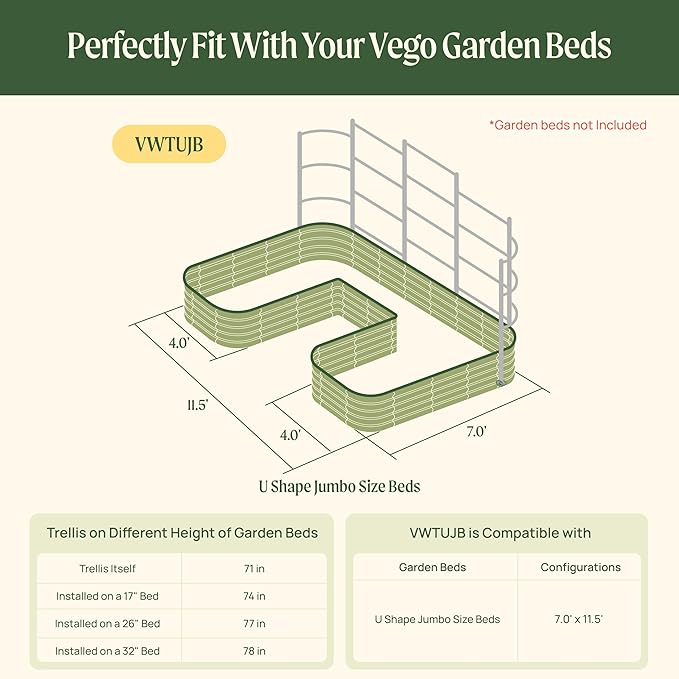 Vego Garden Modular Wall Trellis System, 11.5' Long for 7' x 11.5' Jumbo Size U-Shaped Garden Beds