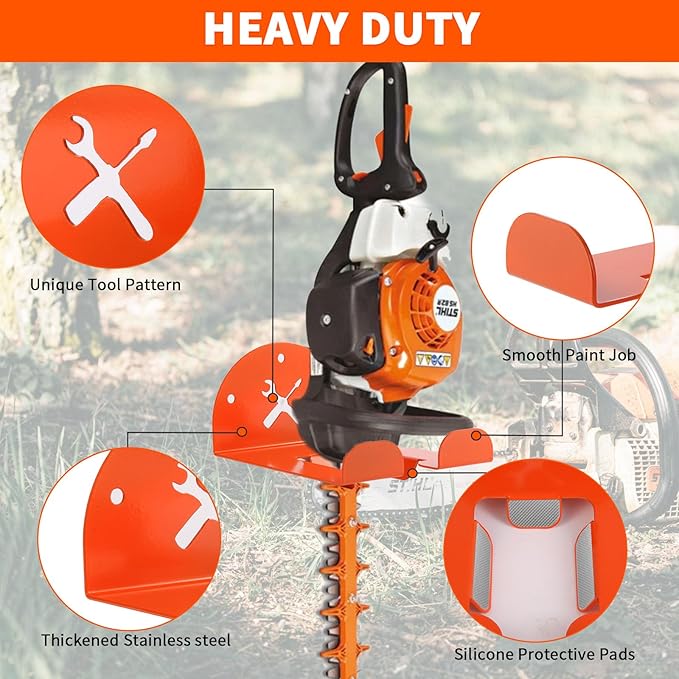 Upgraded Trimmer Rack Wall Mount - 8" Heavy Duty Weed Eater Hanger for Garage Wall, Garden Power Tool Holder Organizer Hooks for Grass Trimmer, Hedge Trimmer, Leaf Blower and Chainsaw, Orange, 2 Pack