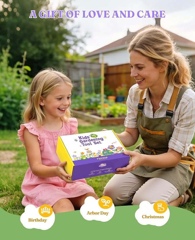 8Pcs Kids Gardening Set with Metal Basket & Real Metal Tools, STEM Outdoor Kit, Ergonomic Wooden Handles, 3 Shovels, Rake, Watering Can, Gloves, Gift for Toddler Boys Girls, Green