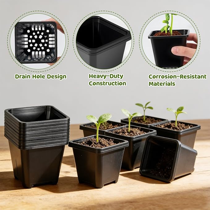 NNG 3.5 inch 50 Pcs Black Square Nursery Pots with 5 Pcs Plastic Seed Starting Trays,Plant Propagation Starter Kit Square Seed Starting Pots with Drain Holes