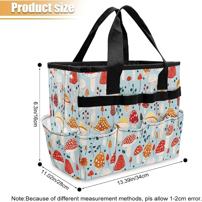 Mushroom Garden Tool Bag Portable Gardening Tool Organizer Bag with 10 Pockets and Handle Tool Carrier and Storage for Garden Lawn Yard Casual Camp
