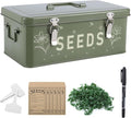 Seed Storage Organizer with Lid, Metal Seed Bin Seed Packet Container with 100 Plant Labels 50 Seed Envelopes 50 Plant Clips 1 Marker Pen, 4 Compartments Box with Locks