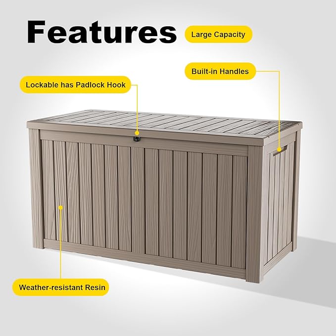 180 Gallon Outdoor Deck Box,Waterproof Resin Outdoor Storage Boxes, Outside Storage Lockable Container for Garden Tools,Indooor Cushions,Accessories (Grey)