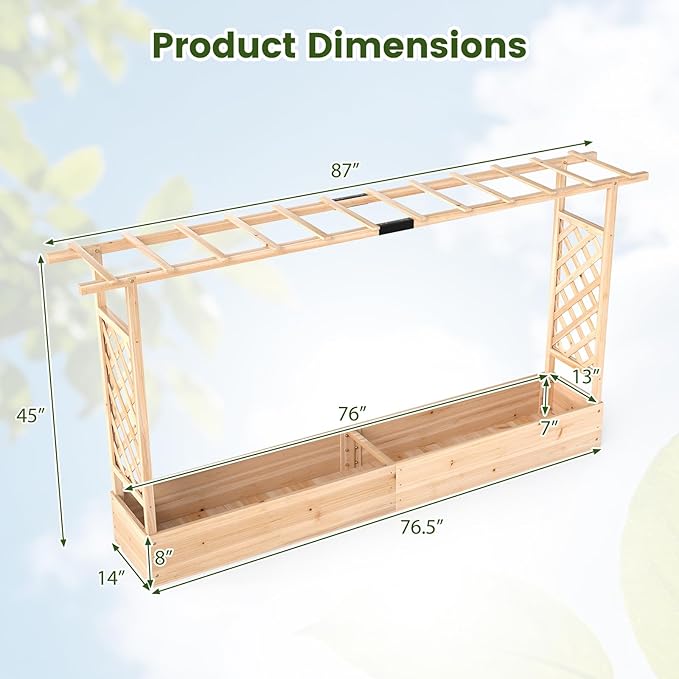 S AFSTAR Raised Garden Bed with Trellis, 2-in-1 Fir Wood Planter Box with Flat Roof & Drainage Holes, Vertical Planter Raised Bed for Climbing Plants, Flowers & Vegetables, 87" x 14" x 45" (Natural)