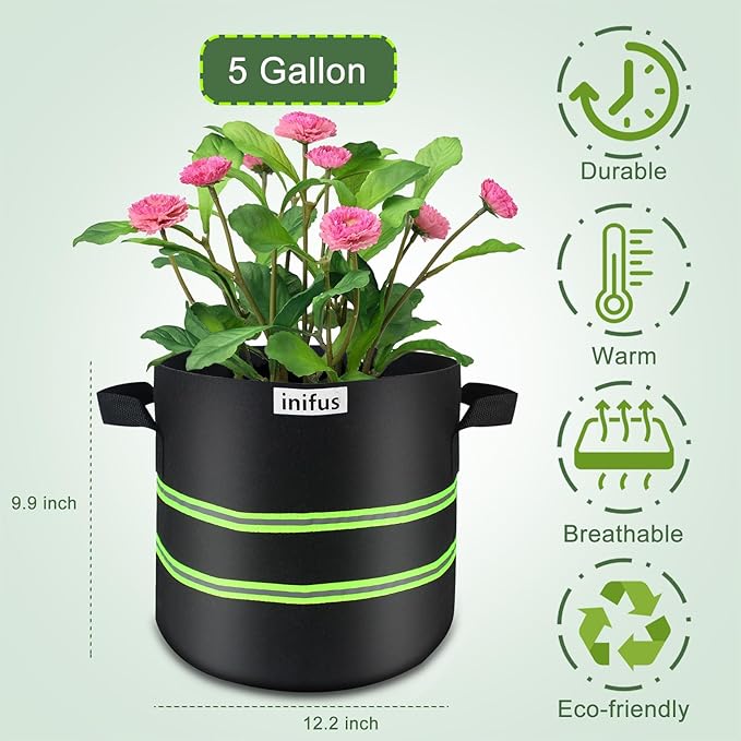 10 Pack 5 Gallon Thickened Grow Bags,Heavy Duty Aeration Nonwoven Fabric Plant Pots with Reinforced Handles Unique Design for Garden Nursery Vegetable Fruit Flower Plant Grow Bags