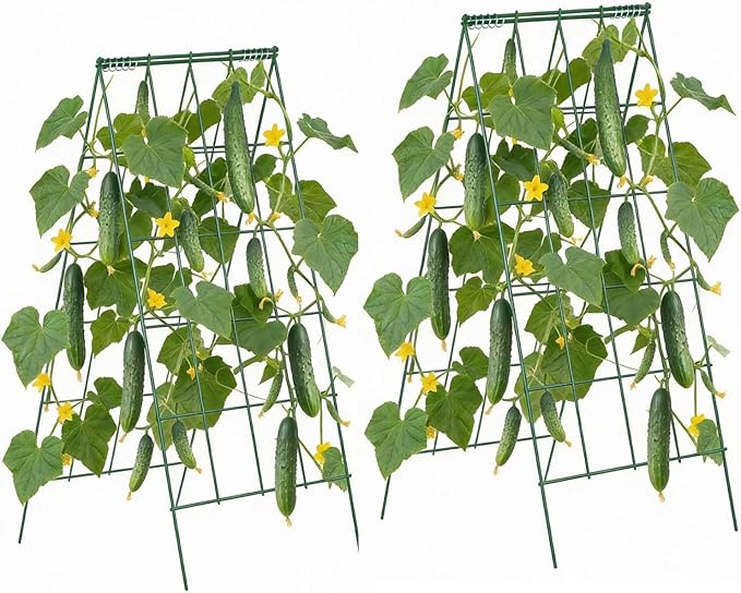 VEVOR Cucumber Trellis, 46" High Foldable A-Frame Garden Trellises for Raised Bed, 4 Panels, Metal Rustproof Outdoor Climbing Plant Support with 2 Plant Bags for Vine, Peas, Beans, Tomato, Flowers