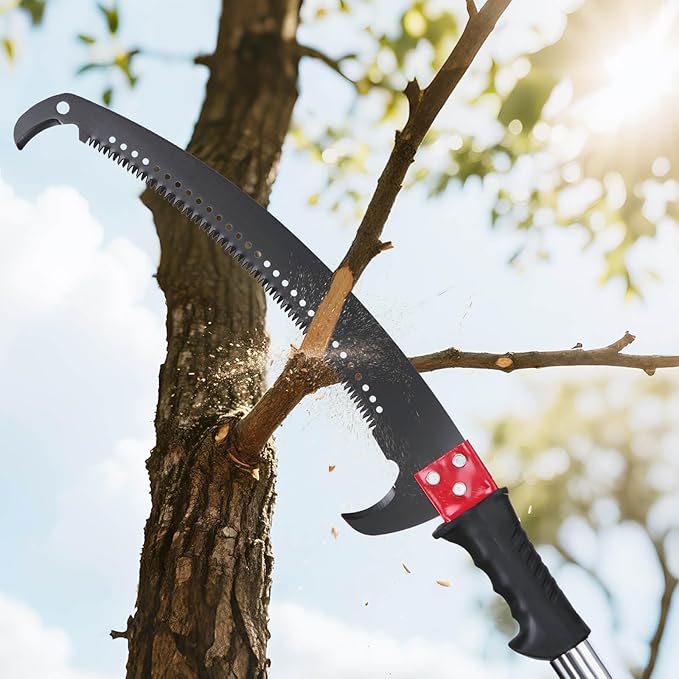 VEVOR Manual Pole Saw, 3.87-27 ft Extendable Pole Tree Pruner, Sharp 65Mn Steel Blade, Lightweight Fiberglass Handle Pole, Double-Hook Saw for High Branch Trimming, Pruning Tool for Palms, Shrubs