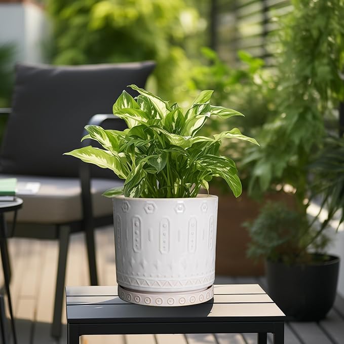 Eightpot Ceramic Planter Pot - 10 Inch Plant Pot for Indoor Outdoor Plants Round Large Flower Pot with Drainage Holes and Saucer for Home Garden Patio Decor White