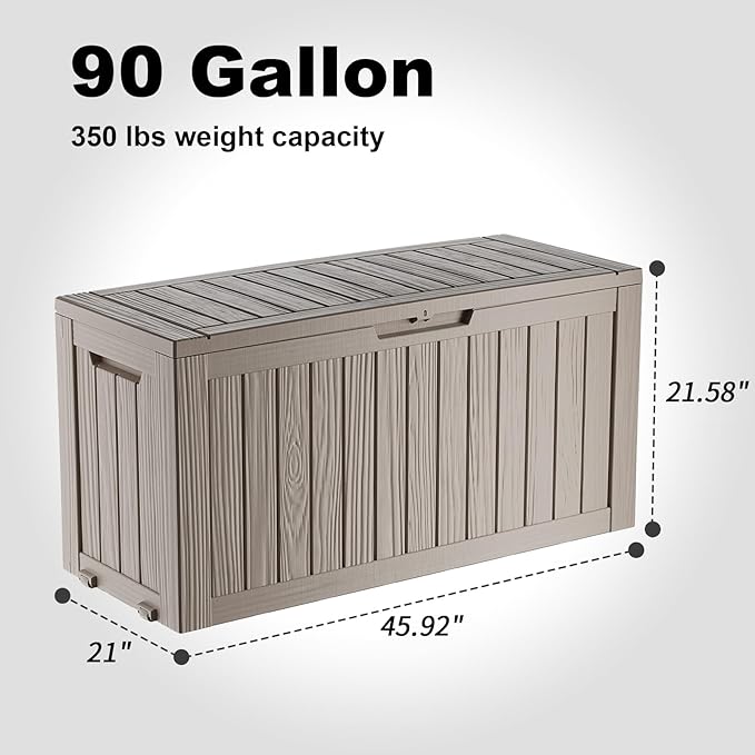 ROJIK 90 Gallon Waterproof Outdoor Deck Storage Box, Lockable Resin Patio Storage Bin with Lid for Garden Tools, Patio Cushions & Outdoor Accessories(Grey)