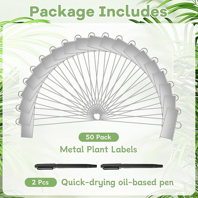 50 Pack Metal Plant Labels, Reusable Waterproof Garden Markers with Pen, Height 10.6'' Label Area 3.5'' X 1.2'' Nursery Seed Tags for Vegetables Flower Greenhouse(Silver)