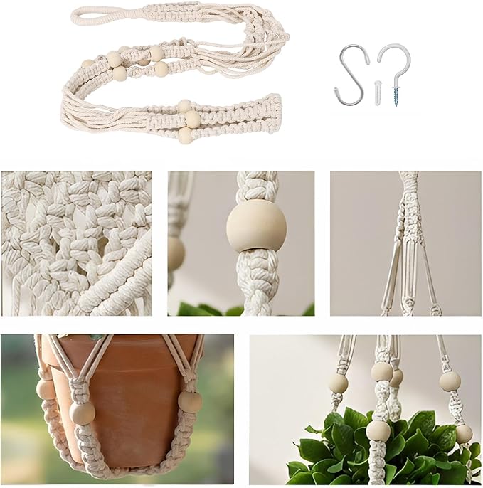 Macrame Plant Hanger 35", Set of 2 No Tassel Hanging Plant Holder, Sturdy Flower Pot Holder with 4 Hooks - Ivory