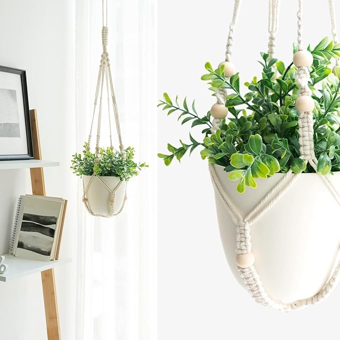 Mkono 3 Pack Macrame Plant Hangers Indoor Different Size Hanging Planter Basket Flower Pot Holder with Beads No Tasselss 43"/35"/29", Large, Ivory