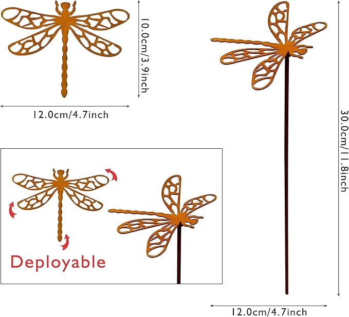 3 Pcs Rusty Dragonfly Stake Vintage Metal Garden Decor Sculpture - Plant Pot Accents for Lawn, Patio, Backyard Outdoor | Dragonfly Gift for Women