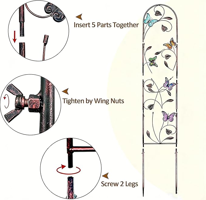 4 Pack Metal Garden Trellis with Colorful Butterfly, Outdoor Decoration Arched Fence Trellis for Climbing Plants for Patio, Backyard, Lawn, Wall Brackets