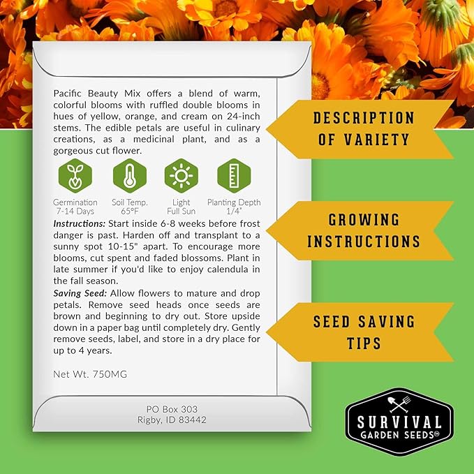 Pacific Beauty Mix Calendula Seeds for Planting – Colorful Heirloom Pot Marigold with Edible & Medicinal Flowers, Pollinator Friendly – Survival Garden Seeds (2 Packs)
