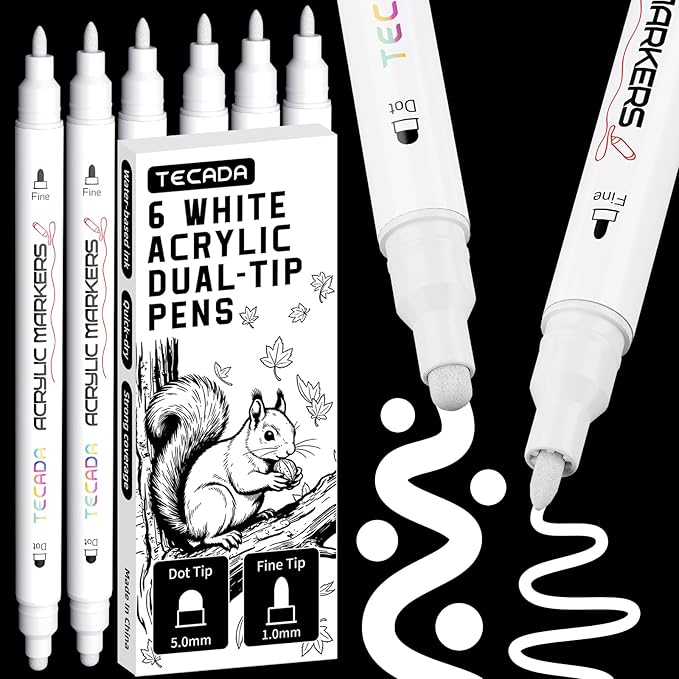 6 White Acrylic Paint Markers, Dual-Tip Acrylic Paint Pen for Rock, Fabric, Wood, Plastic, Canvas, Ceramic, Glass, Metal, DIY Crafts Art Supplies, Dot and Fine Tips