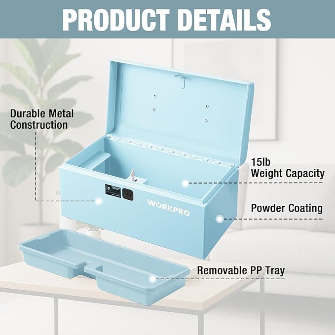 WORKPRO 10.8" Portable Mini Metal Tool Box with Removable Color-Matching Tray, One-Button Latch Toolbox, Steel Tool Chest with PP Handle, Compact Storage Organizer for Home, Office or Workshop